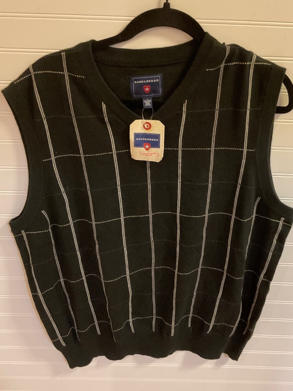 Saddlebred Black Windowpane V Neck Sweater Vest 100% Cotton Size: L NWT